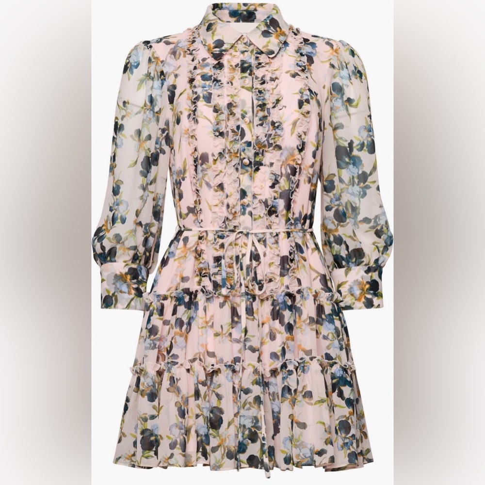 Cinq à sept Pink Floral Ruffle Tie-Waist Mini Dress